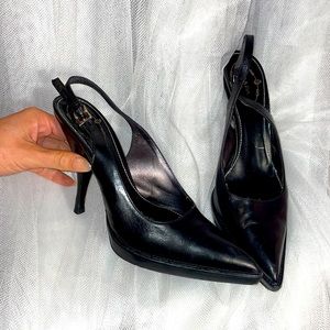 PRADA BLACK CALFSKIN POINTY TOE PLATFORM SLINGBACK PUMPS SEXY Sz 7-7.5